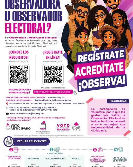 ¿Quieres participar como Observadora u Observador Electoral?El Instituto Electoral del Estado de México (IEEM) invita a la ciudadanía a participar en la Observación Electoral del Proceso Electoral