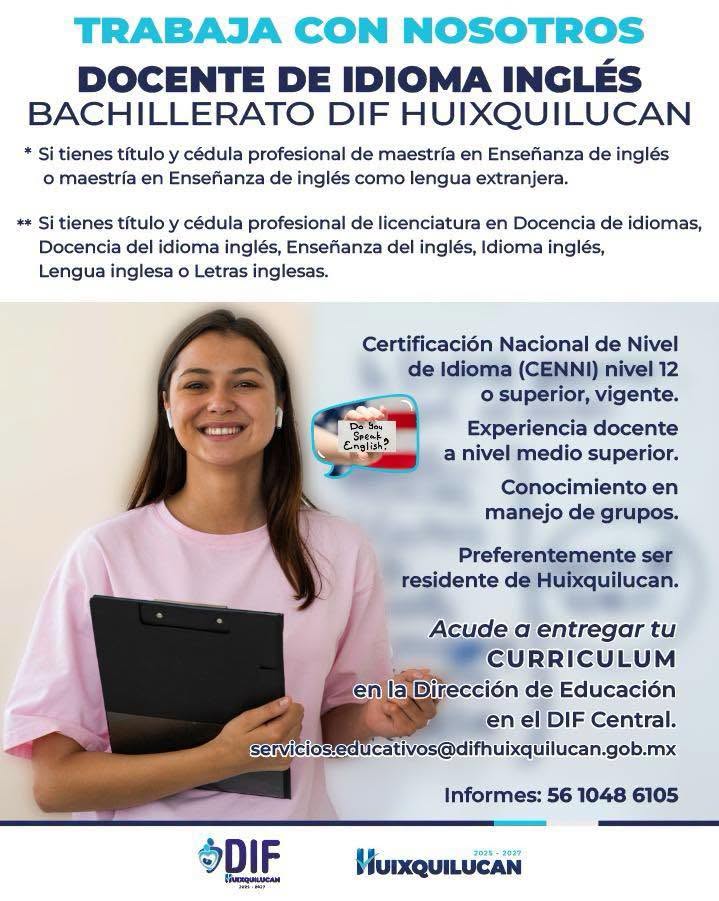 Convocatoria para Maestra de Inglés en Bachillerato DIF Huixquilucan